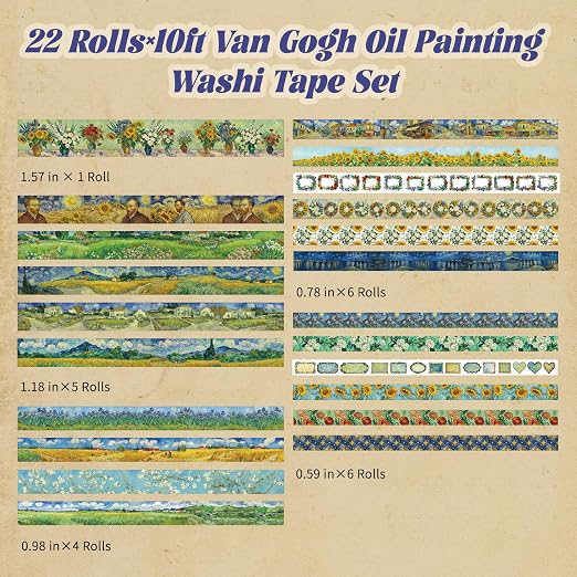 Art Washi Tape Set 22 Rolls, Decorative Masking Tape for Junk Journal, Scrapbooking Supplies, DIY Crafting Supplies
