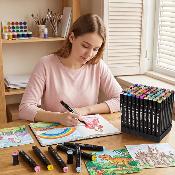 80 Alcohol Markers Dual Tip Art Markers for Coloring & Sketching | Fine bullet & chisel tips for drawing, illustration, card making & crafting. Ideal for artists, designers, and crafters.