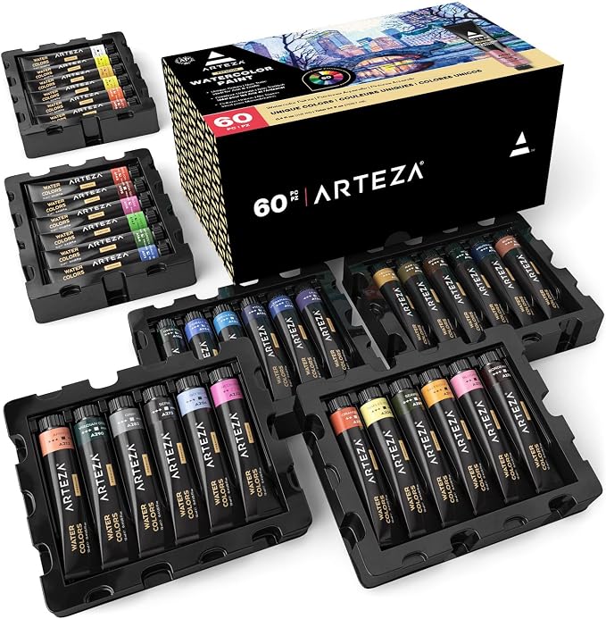 ARTEZA Watercolor Paint Set, 60 Colors, 12 ml/0.4 fl oz, Highly Pigmented