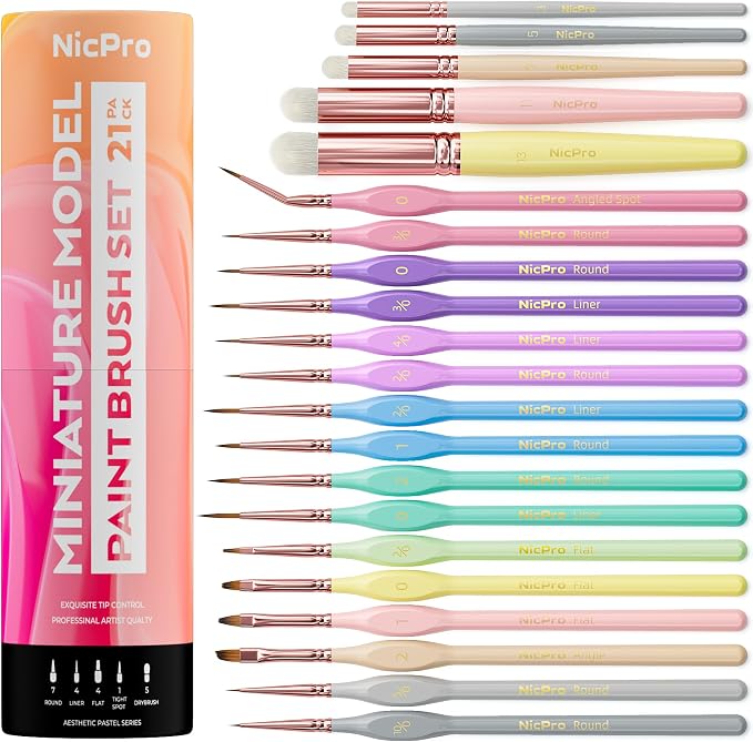 Nicpro 21PCS Fine Detail Paint Brush, Miniature Paint Brushes Drybrush Set | Aesthetic Pastel Paint Brush, For Acrylic Oil Watercolor, Crafts, 40K Models, Miniatures, Rock Painting, Paint by Numbers