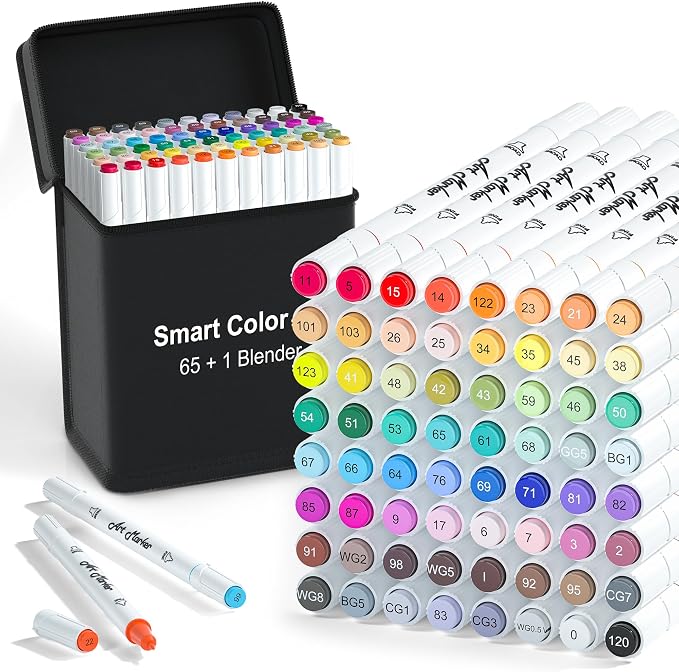 Smart Color Art Markers, 65 Coloring Markers and 1 Blender, 66 Pack Alcohol Based Dual Tip Permanent Markers Highlighters with Case, Excellent for Adults Kids Coloring Marking Drawing Sketching
