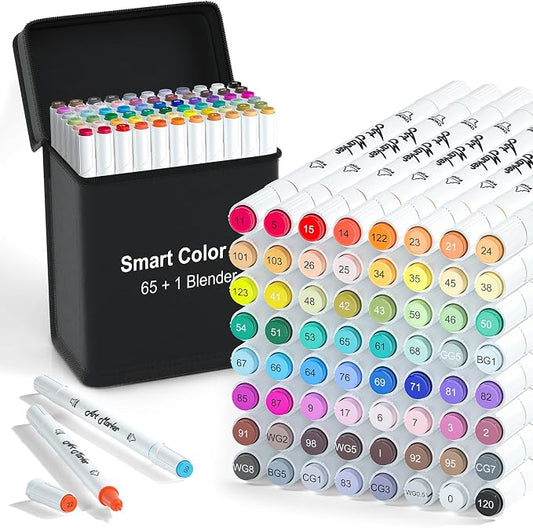 Smart Color Art Markers, 65 Coloring Markers and 1 Blender, 66 Pack Alcohol Based Dual Tip Permanent Markers Highlighters with Case, Excellent for Adults Kids Coloring Marking Drawing Sketching