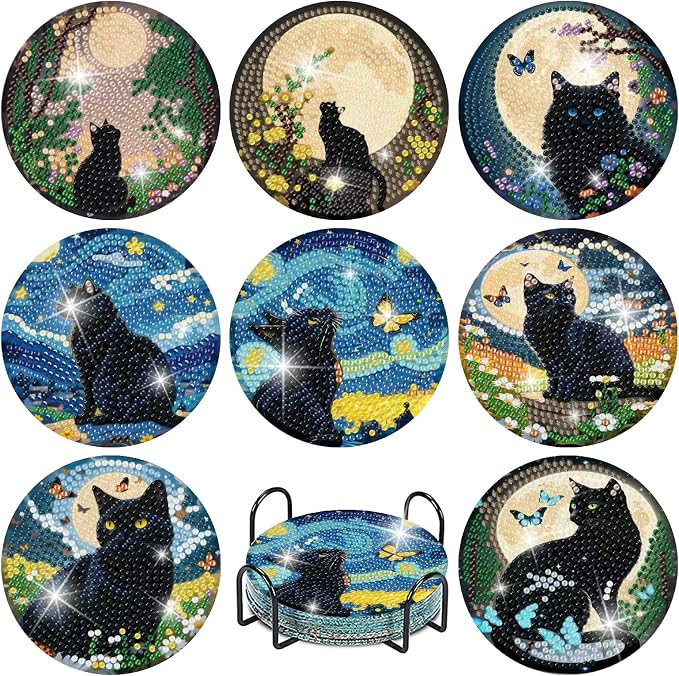 askkqtx 8 Pcs Black Cat Diamond Art Coasters Kits with Holder 4X4 Inch