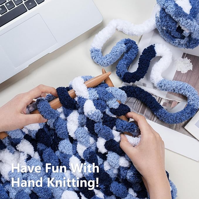 Cozyful Chunky Yarn for Hand Knitting - #10 Chunky Chenille Blanket Yarn, Jumbo Big Thick Chunky Yarns for Crocheting, Tie Dye Bulky Knit Yarns, 8 Skein (20 yds 8 oz Each Skein), Multi Blue & White