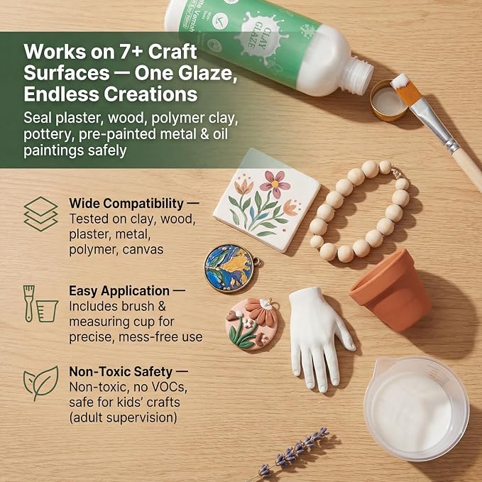 Air Dry Clay Glaze, 120ml Matte Finish, Prevent Clay Cracking, Scratch Resistant, Waterproof & Dustproof, for Crafts, Ceramics, Wood, Clay Sealant with Brush & Measuring Cup (4fl oz Matte)
