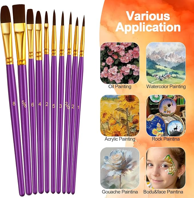 Paint Brushes Set, 24 Pack 240 Pcs Round-Pointed Tip Paintbrushes Nylon Hair Artist Acrylic Paint Brushes for Acrylic Oil Watercolor, Face Nail Art, Miniature Detailing & Rock Painting, Purple