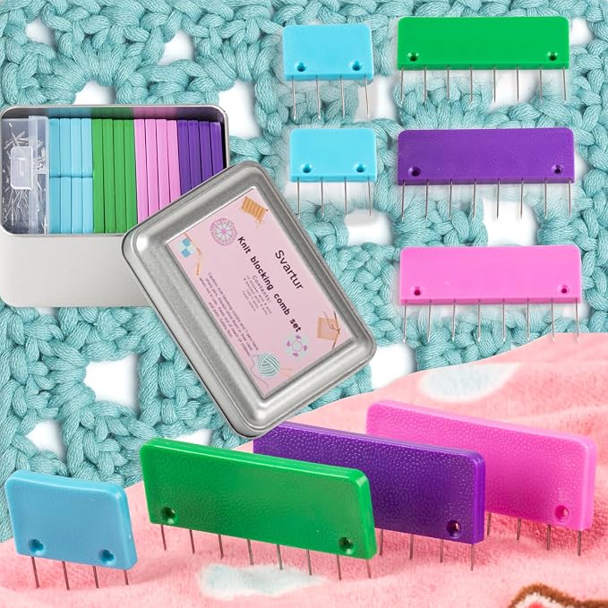 Svartur Crochet Blocking Pin Kit, with 20 Knit Blocking Combs &100 T-Pins and Tin Case, Rainbow Knitting Block Pins for Blocking Mats, Multicolor, White