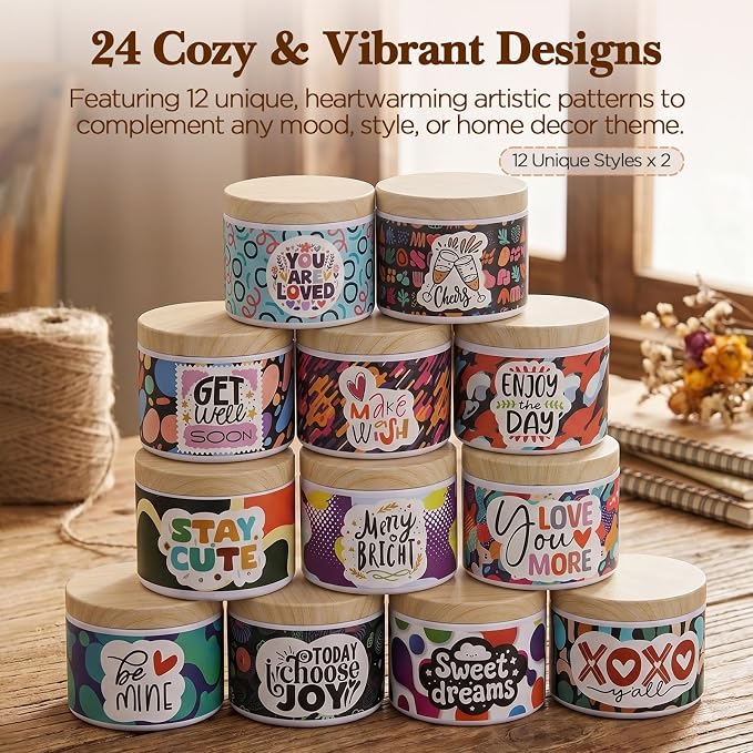 LumaCraft Thick Candle Jars for Making Candles 24 Pcs, 4 OZ Empty Jars with Wood Lids for Candle Making,Colorful Inspirational Print Candle Containers with Candle Making Supplies