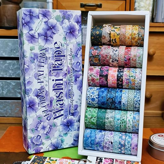 42 Rolls Vintage Floral Washi Tape Set - Decorative Tape for Scrapbooking, Journaling, Bullet Journals, DIY Crafts, and Gift Wrapping