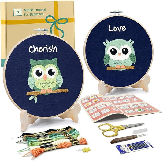 Bradove Owls Embroidery Kit for Beginners with Patterns | Beginner Embroidery Kit for Adults and Kids, Hand Embroidery for Beginners, Learn to Embroider Kit Adult Beginner
