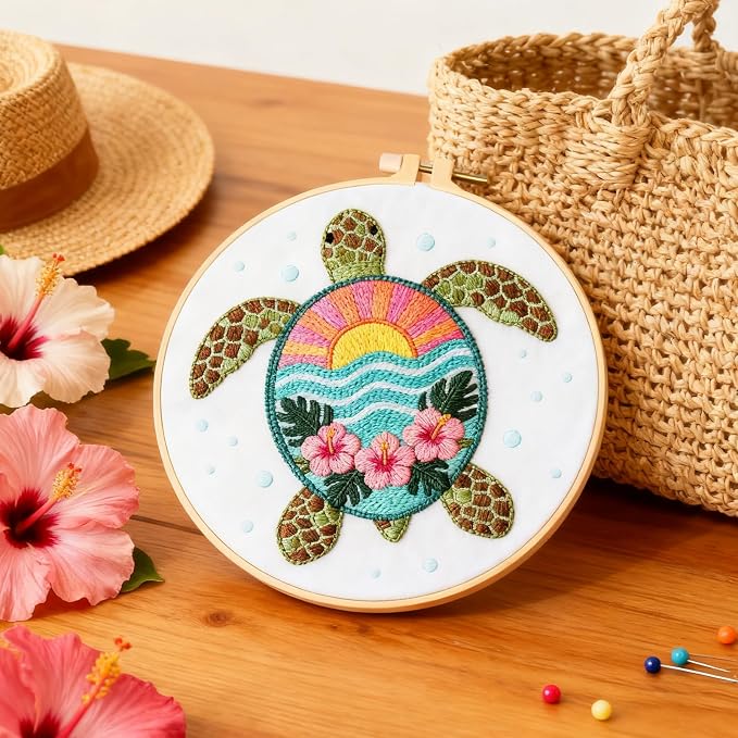 BEUNITONE 4 Sets Sea Turtle Embroidery Kits for Beginners DIY Craft Kits for Adults with Printed Patterns, Hoops and Instructions, Hibiscus Flower Needlepoint Kits for Clothing and Home Decor