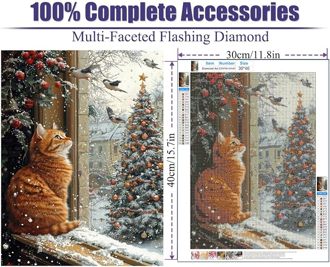 GQYCZZ Christmas Ginger Cat Diamond Art Kits for Adults/Beginners12x16in