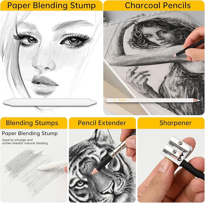 Sketch Drawing Pencil Set, 24 Pcs, Graphite Pencils (14B-4H) | Art Pencil Kit with Black and White Charcoal Pencils, Charcoal Sticks, Stumps, Eraser, Sharpeners, Sketch Set for Artists