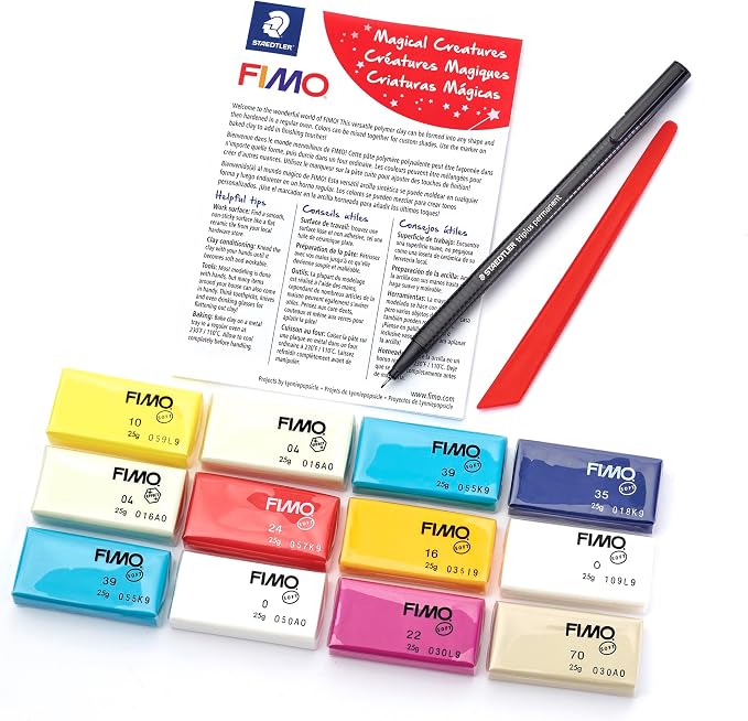 STAEDTLER FIMO Soft Polymer Clay Set: Magical Creatures, 12 Half Blocks, Sculpting Tool and Marker - Oven Bake Modeling Clay, Arts and Crafts for Beginners