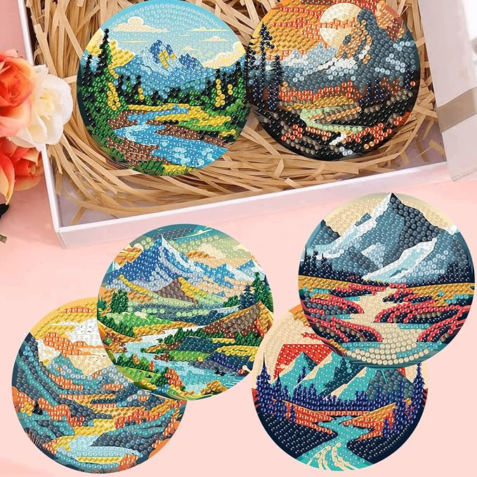 8 Pcs Diamond Art Coasters Kits, Landscape Diamond Painting Coasters Kits