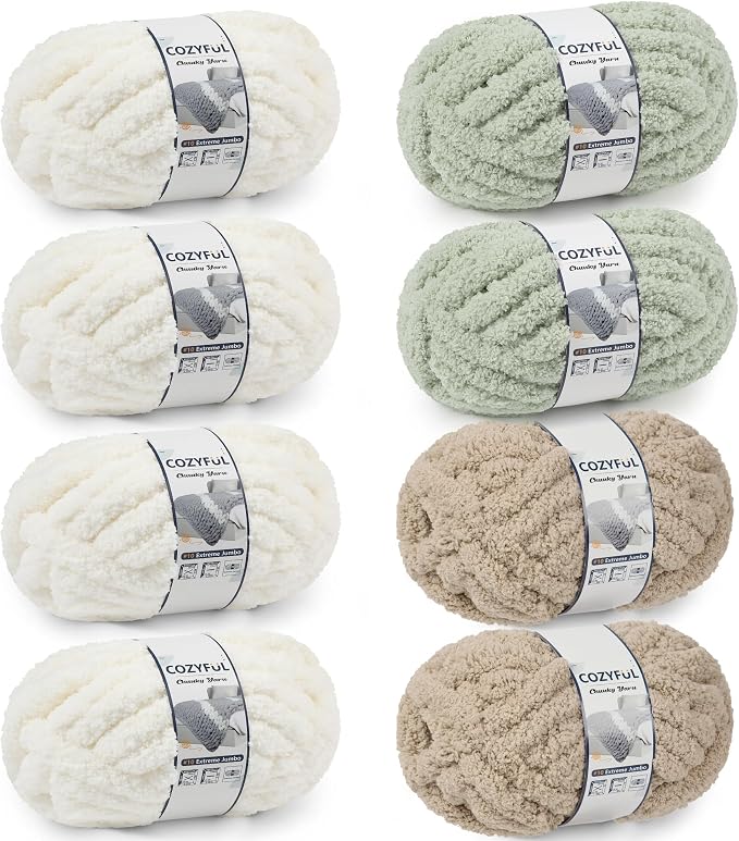 Cozyful Chunky Yarn for Hand Knitting - #10 Chunky Chenille Yarn, Jumbo Big Thick Chunky Yarns for Crocheting, Super Bulky Chunky Knit Blanket Yarns, 8 Skein (22yd, 8oz/Skein), Cream & Sage & Khaki