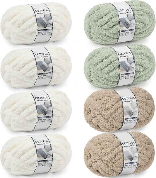 Cozyful Chunky Yarn for Hand Knitting - #10 Chunky Chenille Yarn, Jumbo Big Thick Chunky Yarns for Crocheting, Super Bulky Chunky Knit Blanket Yarns, 8 Skein (22yd, 8oz/Skein), Cream & Sage & Khaki