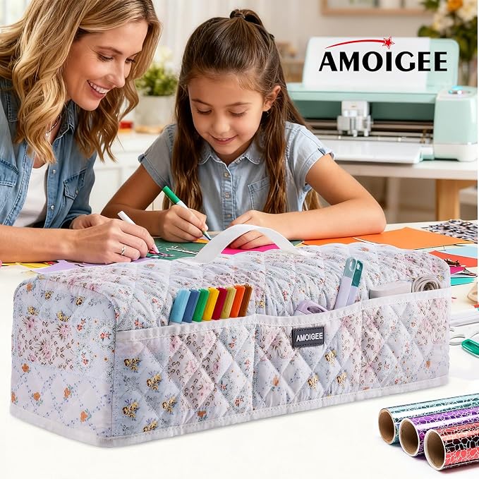 AMOIGEE Dust Cover for Cricuttt Maker 4 & Explore 4/3, Maker 3, Air 2, Quilted Protective Cover with Storage Pockets for Cutting Machine, Floral Fabric Anti-Dust Cover for Craft Machine Organizer