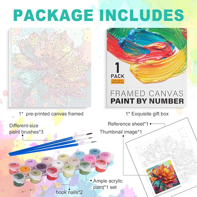 Framed Paint by Numbers Kit for Adults, Colorful Flower, 10 x 10 Inch | DIY Adult Paint by Number Kit for Beginners, Floral Wall Decor, Stress Relief Craft Gift, Creative Hobby