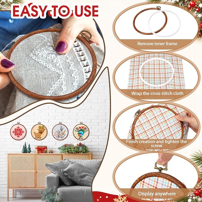 Burbell 6 Pcs 6 Inch Pcs Spring Round Embroidery Hoops Frame Circle Rubber Hoops Ring Display Cross Stitch Ornament Imitated Wood Frame Kits for Christmas in July Craft Sewing DIY Hanging Gifts