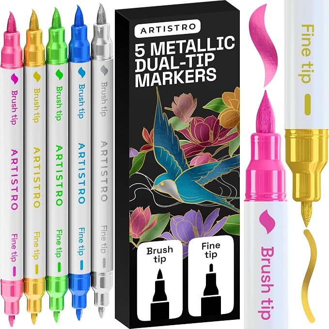 ARTISTRO 5 Metallic Dual-Tip Acrylic Paint Marker Pens for Drawing | For Fabric, Rock, Glass, Wood, & Molds, Arts & Crafts Gift for Adults, Teens, & Kids, Classroom Must Haves & School Supplies
