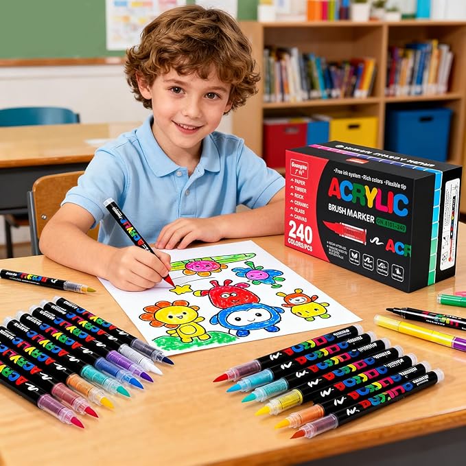 240 Colors Acrylic Paint Markers Set, Direct Liquid Brush Tip Pens