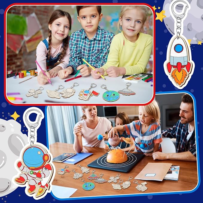 Trnayi 36 Pcs Outer Space Wood Keychain Color Your Own DIY Craft | Outer Space Wooden Keychain, Color Your Own Unfinished Craft, Star Planet Wood Painting DIY Craft, for Party Art Project