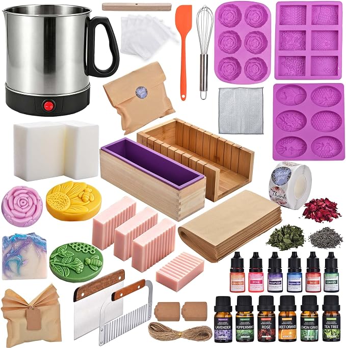 Soap Making Kit for Adults Soap Making Supplies with Melter Pot | 500+PCS Goat Milk Soap Base, Dyes, Essential Oil & Fragrances, 3 Silicone Molds, Cutters, Silicone Loaf Molds for DIY