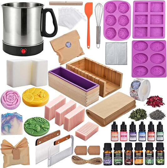 Soap Making Kit for Adults Soap Making Supplies with Melter Pot | 500+PCS Goat Milk Soap Base, Dyes, Essential Oil & Fragrances, 3 Silicone Molds, Cutters, Silicone Loaf Molds for DIY