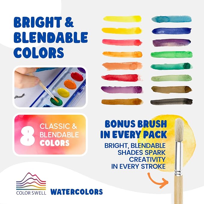 Color Swell 8 Color Bulk Watercolors with Wood Brushes, 1 Pack