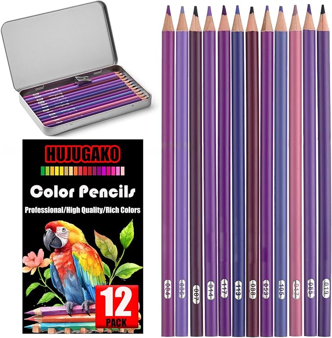 12 Purple Colored Pencils,Oil Based Colored Drawing Pencil Set for Adults Coloring Books Drawing Sketching Art Supplies