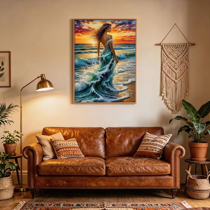 5D Ocean Wave Woman Diamond Art kits for Adults Beginners 12x16inch | Fantasy Beach Sunset Lady Diamond Painting Kit, DIY Full Round Drill Paint by Diamonds Dot Gem Art for Adult, Home Wall Decor