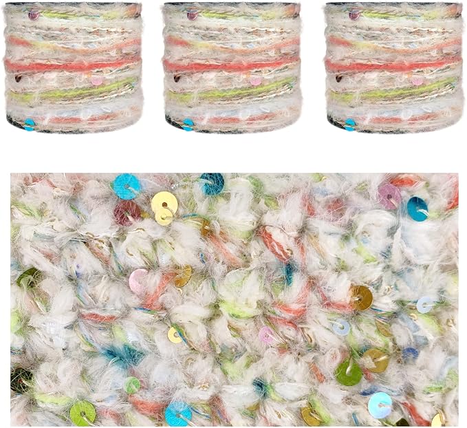 Artisanal Yarn Collection Multifiber Fancy Yarn with Sequins & Iridescent Shimmering Threads for Knitting Crocheting Crafts DIY, Set of 3 Rolls (Cream Candy)