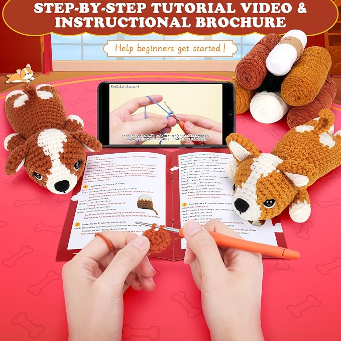 Fortuning's JDS Crochet Kit for Beginners, 2 PCS Corgi Crochet Kits