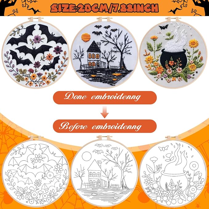 YOUDRN Halloween Embroidery Kit, Bat Halloween Cross Stitch Kit