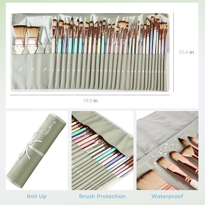 Nicpro 30pcs Paint Brush Set, Aesthetic Pastel Paintbrushes with Paint Spatula and Cloth Roll, Craft Paint Brushes for Acrylic Painting Oil Watercolor Gouache, Art Supplies for Women Artists Beginners