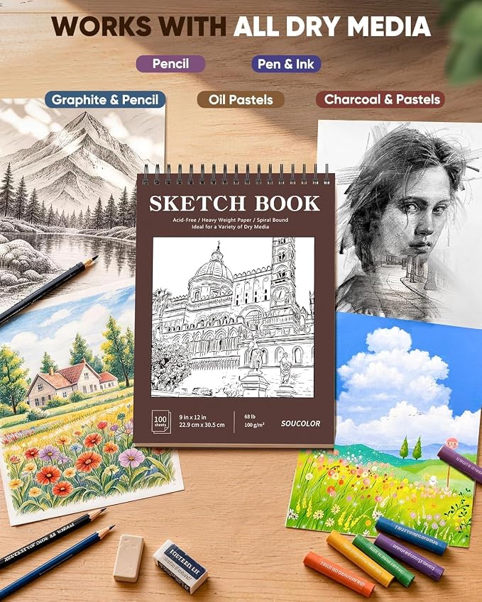 Soucolor 9" x 12" Sketch Book, 100 Sheets Hardcover Art Sketchbook for Kids | Thick Acid-Free Sketch Paper (68lb/100gsm) Artist Drawing Book Paper Painting Sketching Pad for Grandkids Who Love to Draw