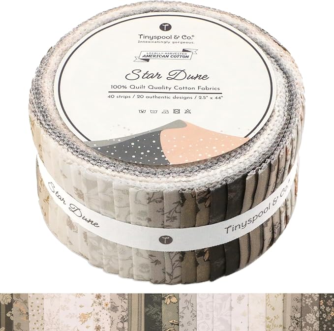Tinyspool & Co.'s Twirlie Roll 40 Precut Quilting Fabric Strips for Quilting Supplies, Crafting, and Sewing, Soft Cotton Strip for Blanket, Rug, Upholstery, Home Decor, and Purse Making, Star Dune