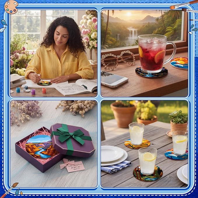 Reallnaive 8 Pcs Mountain Paint by Numbers Kit for Adults Wooden Coasters | Mini Landscape Paint by Numbers, Tiny Sunrise River Round Oil Painting Drink Coaster with Holder, for Small DIY Craft Gift