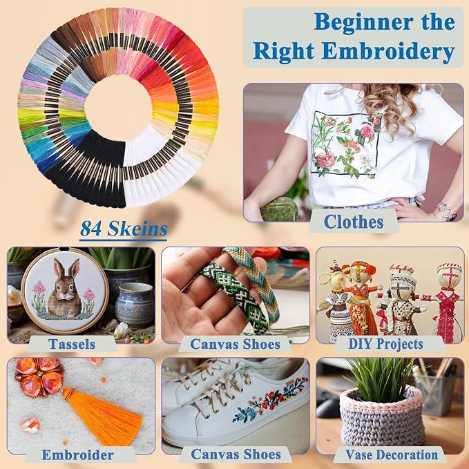 Amrules Friendship Bracelet String, 84 Pcs Embroidery Floss, Colorful | Including 344.5" Cotton Cross Stitch Thread, Hand Embroidery Thread for DIY Sewing and Embroidery Crafts Making with Tools
