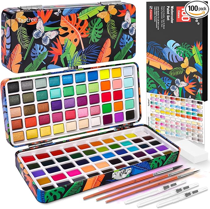 Taotree Watercolor Paint Set 100 Colors, Art Supplies Travel Water Colors | Coloring Set Watercolors Kit with 3 Paints Brushes, Crafts Painting Supplies, Drawing for Adults Artist Drawing