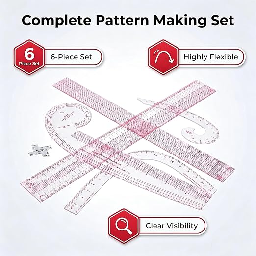 Sewing Rulers,Clear Metric French Curve Sewing Rulers Set for Pattern Making Drafting,Quilting,Clear Plastic Fashion Designer Ruler Kit in Inches， 6PCS