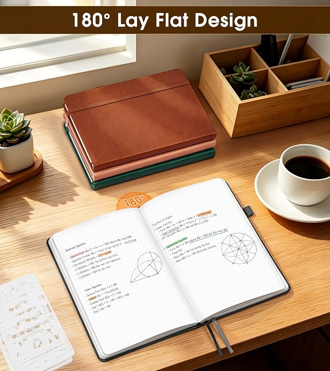 Dotted Journal Notebook, A5 Leather Hardcover, 160 Pages, 180° Lay-Flat Binding, 100 GSM Thick Paper, Dot Grid for Bullet Journaling, Planning & Daily Organization (Black)