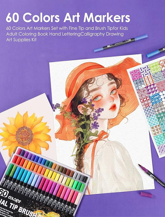 60 Colors Dual Tip Watercolor Markers Pens for School Supplies-Brush & Fine | Coloring Markers No Bleeding for Adult Coloring Books Calligraphy Card Making Sketching Journaling Note Taking Planner Travel