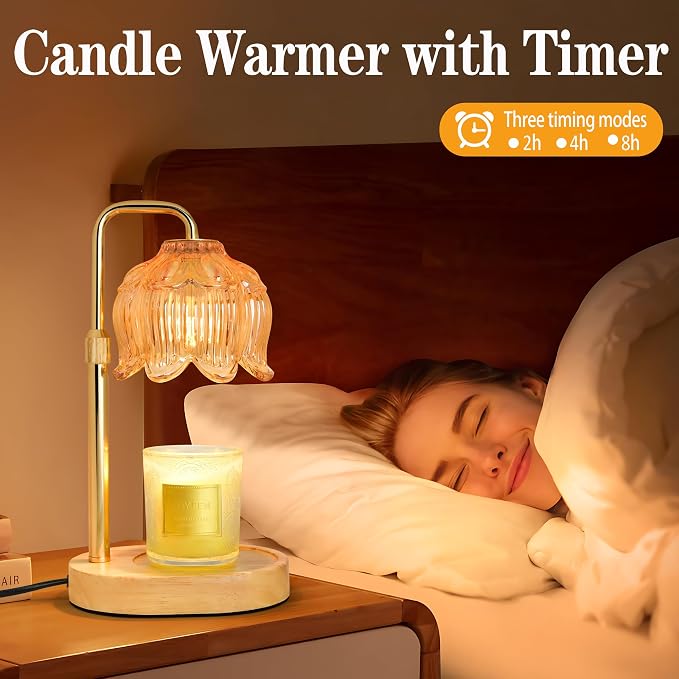XJZJY Amber Flower Candle Warmer Lamp with Timer, Birthday Gifts for Women | Dimmable wax melt warmer with 2 bulbs for jar candles, height adjustable, lotus flower lamp, home decor, housewarming gift