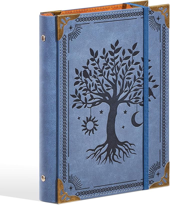 Ovesmusl PU Leather A5 Binder 6 Ring Refillable Journal Cover No Refill Paper A5 Planner Binder Loose Leaf Binder for Notebook 5.7”x8.3” with Elastic Closure, Blue Tree