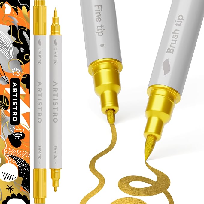 ARTISTRO Gold Dual-Tip Acrylic Paint Pens - Set of 2 | 1mm Fine & Brush Tips, Multisurface Markers, Perfect for Glass, Rock, Fabric, Wood, Plastic, & More