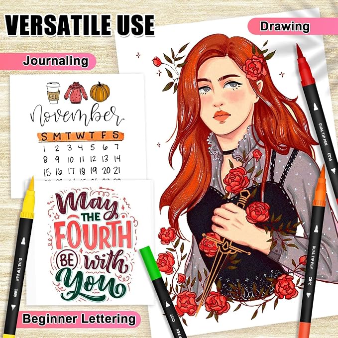 Art Supplier Dual Brush Markers Pens, 110 Artist Coloring Marker Set | Fineliner & Brush Tip Pen with Premium Case, Double Tip Pens for Adults Coloring Books & Journal, Drawing, Doodling