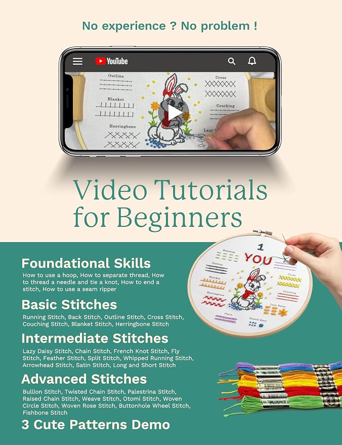Bradove Beginner Embroidery Kit for Adults and Kids | Hand Embroidery Kit for Beginners with Patterns, Learn to Embroider Kit Adult Beginner, Stitches Practice, Learn to Sew