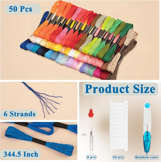 Amrules Friendship Bracelet String, 50 Pcs Embroidery Floss, Colorful | Including 344.5" Cotton Cross Stitch Thread, Hand Embroidery Thread for DIY Sewing and Embroidery Crafts Making with Tools